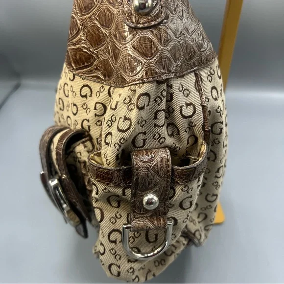 Vintage Guess  Beige & Brown Logo Hobo with Croc-Embossed Trim - Picture 3 of 16